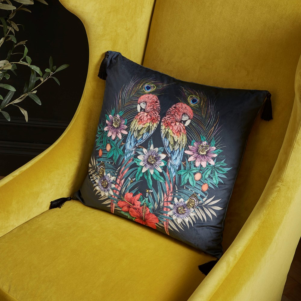 Parrot Floral Tassel Cushion by Matthew Williamson in Navy Blue